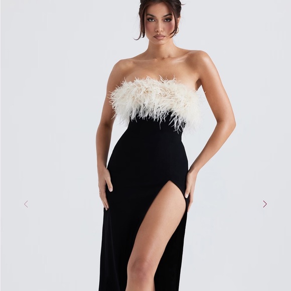 House of CB Dresses & Skirts - House of CB Strapless Black Dress with Cream Feather Accent